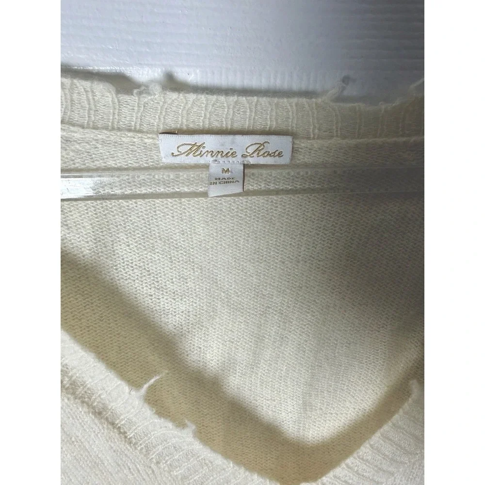 Minnie Rose 100% Cashmere Distressed V Neck Sweater Ivory Women's M Soft